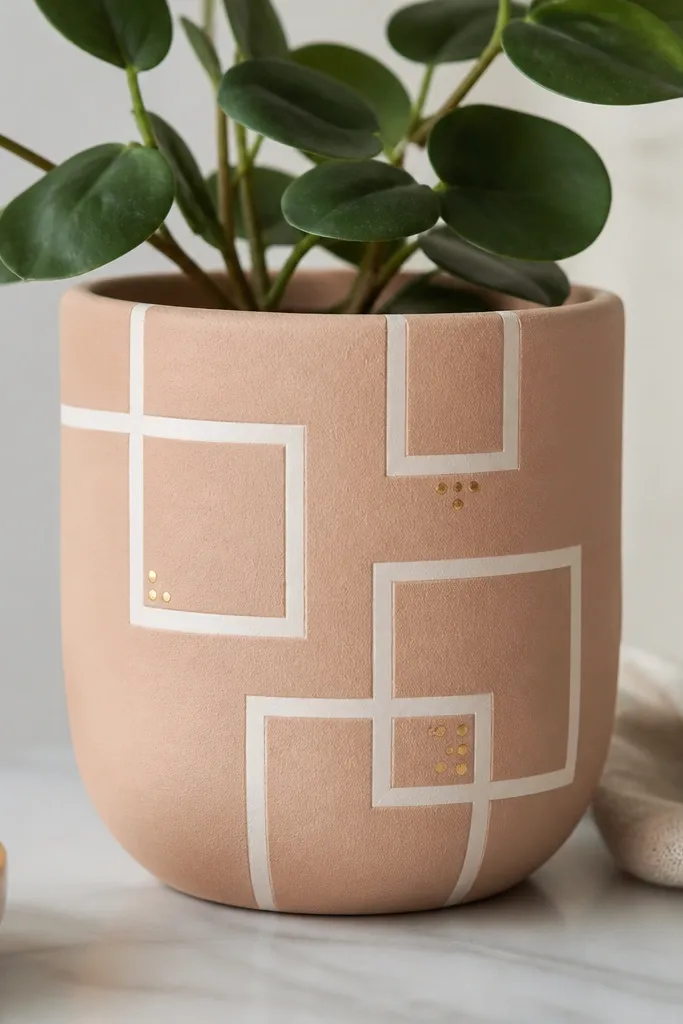 A pot painted pale clay with several geometric frames made from removed washi tape, leaving crisp white lines and a few tiny gold dots in corners.