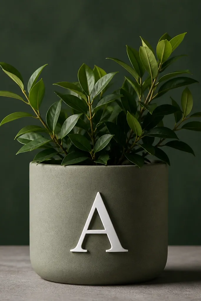 A pot with a large single letter in white and a soft gray shadow behind it, centered on the front; dark green background.