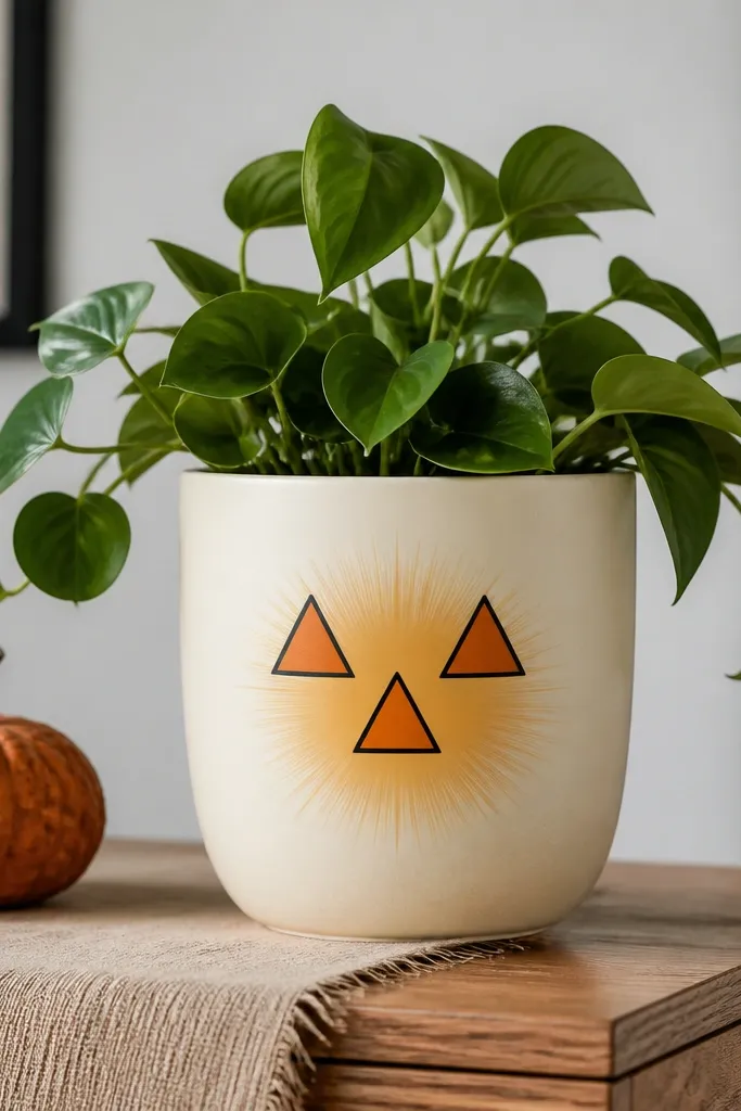A cream pot with a small orange burst behind a simple jack-o-lantern face made of three triangles, plus a thin black outline around the face.