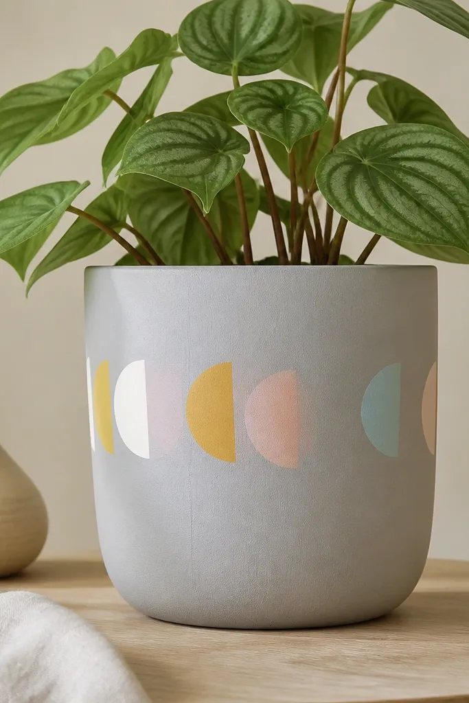 A pot painted light gray with a row of half-moon shapes in pastel colors wrapping around the top half.