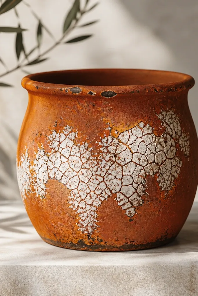 A pot painted rusted orange with a white crackle pattern across the front, like aged enamel.