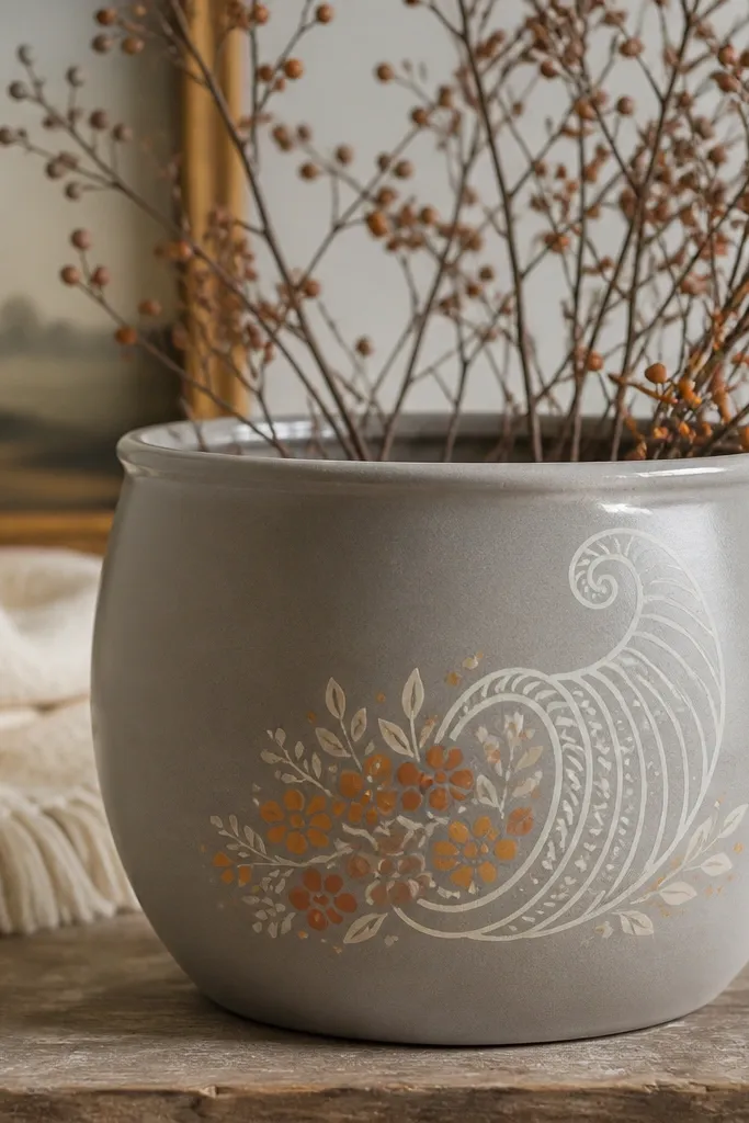 A warm gray pot with a cream cornucopia outline painted in the center, filled with small orange and brown berry dots and a few leaf marks.