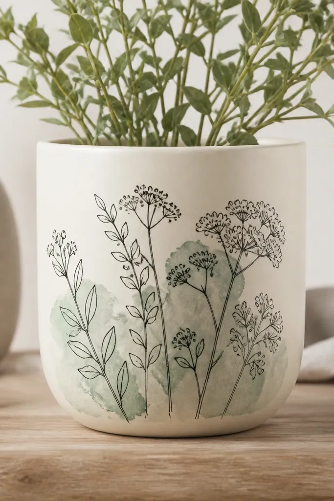 A cream pot with black botanical outlines and a light sage watercolor wash behind the stems on the front.