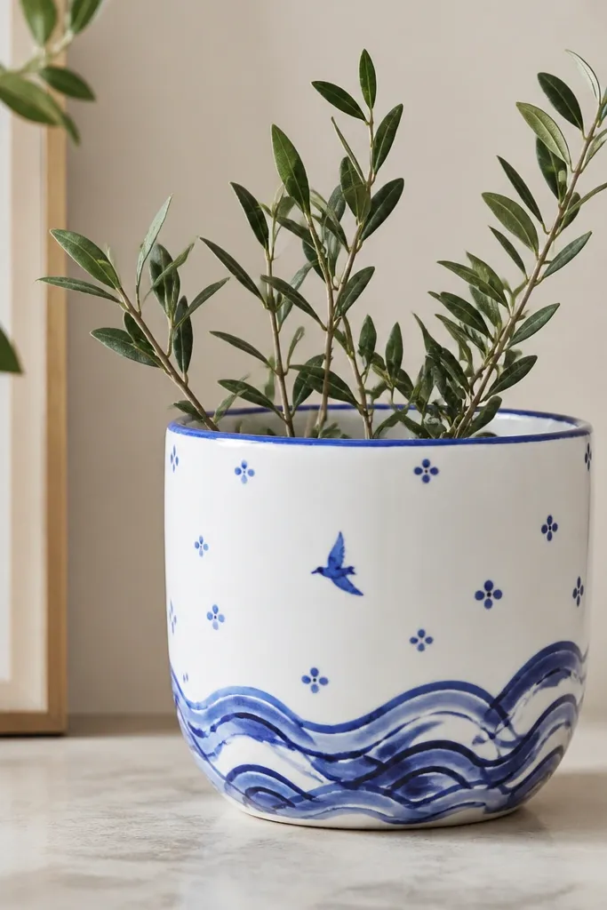 A white pot with cobalt blue doodles like waves, a small bird silhouette, and tiny floral dots around the sides, plus a thin blue rim.