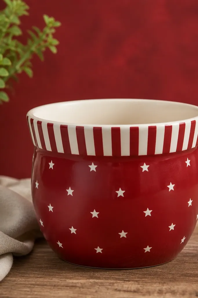 A pot with a red and white striped rim band and scattered tiny white stars on a deep red background.