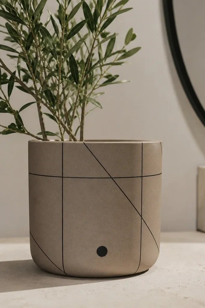 A taupe pot with thin black lines forming a grid and two diagonal accents, plus a small black dot near the bottom.