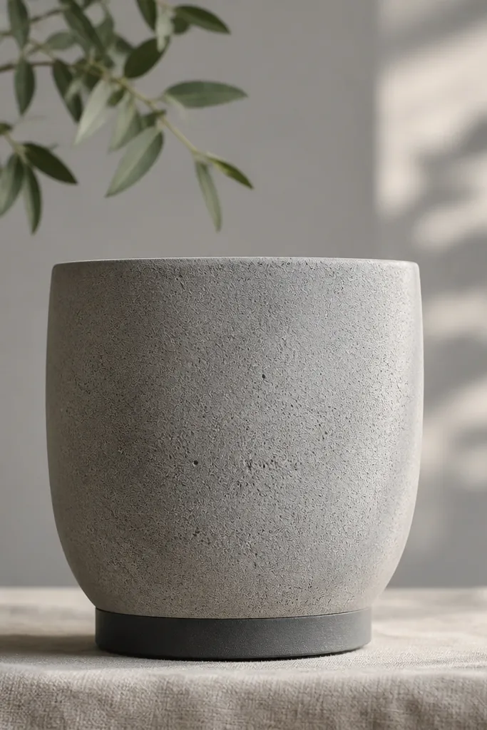 A soft gray pot with a rougher concrete-like finish and tiny sand specks, plus a darker gray base ring.