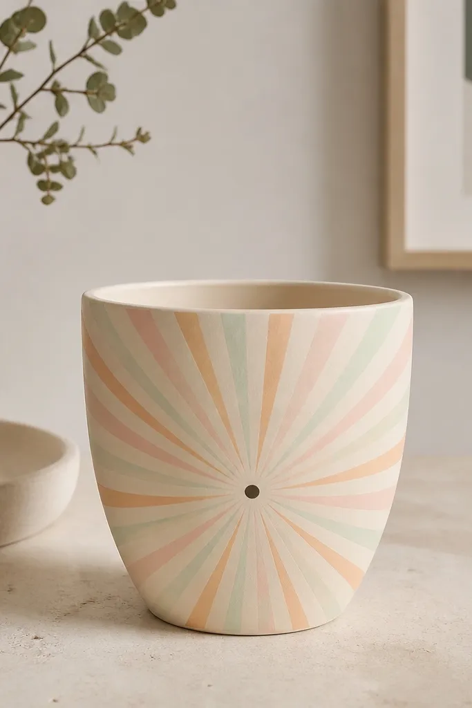 A light cream pot with a pastel sunburst pattern radiating from a small dark dot in the center; rays are mint, peach, and blush.