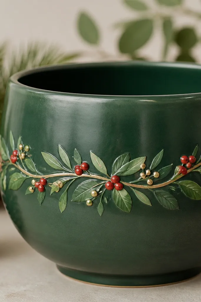 A deep green pot with a garland ribbon painted across the middle, red berries with tiny white highlights, and small gold bead dots along the ribbon.