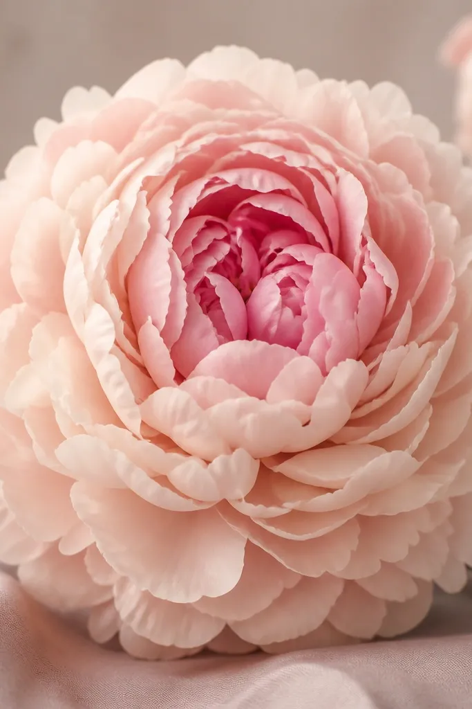 A full round tissue peony with layered petals in blush pink and soft cream, arranged like a dome. The center is slightly tighter and darker, and the outer petals look rounded and fluffy.