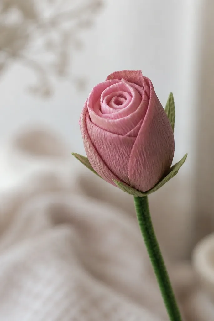 A small rose bud made from tissue with tightly rolled layers. The outer petals are slightly darker dusty rose, and the bud sits on a thin green pipe cleaner stem.