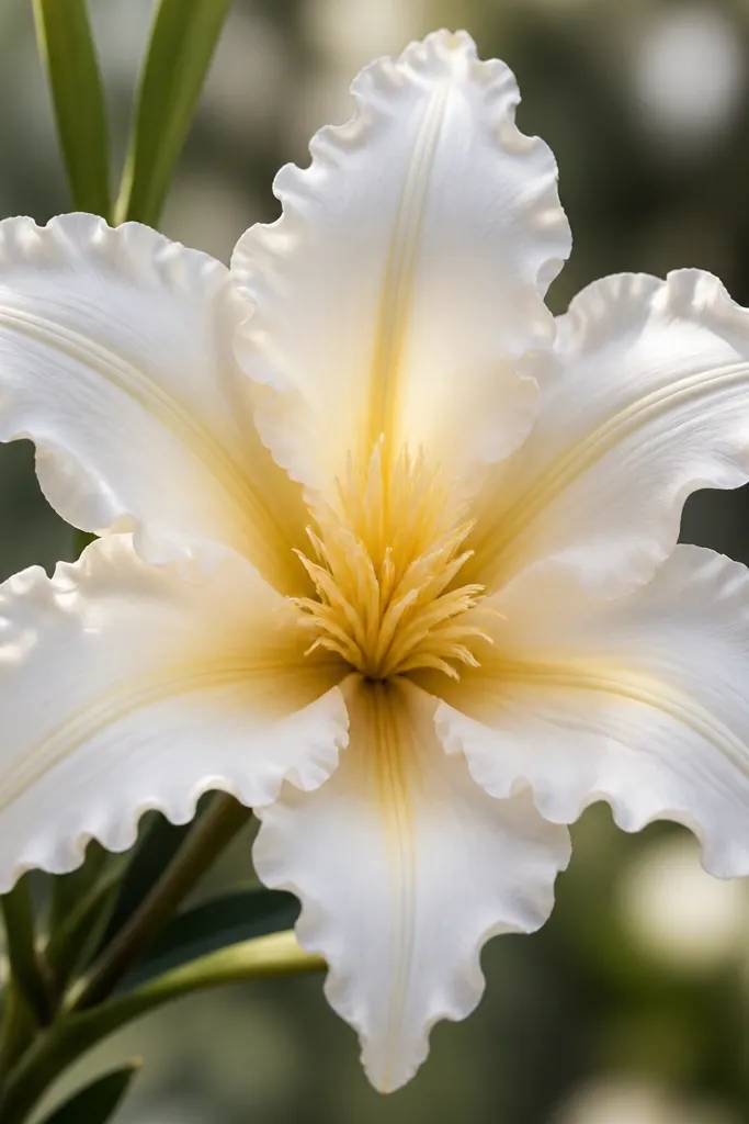A lily-style flower with scalloped petal edges and a gold-tinted center. The petals fan outward like a star, and the center looks like a small tuft.