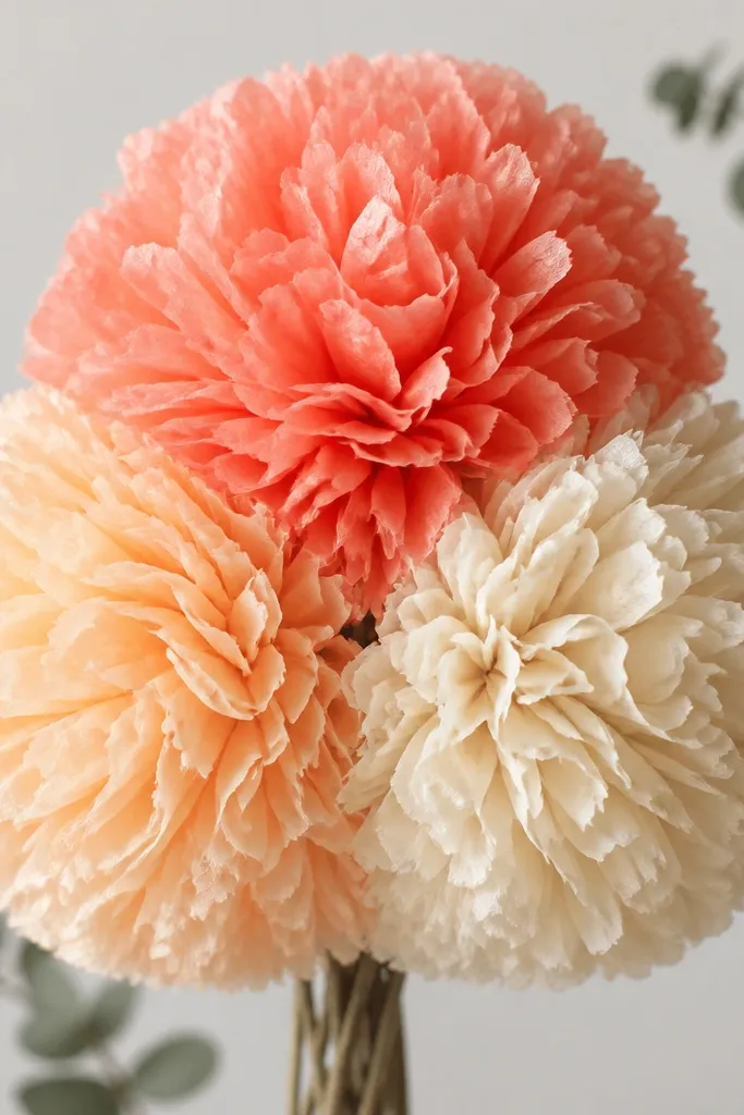 A cluster of pom-pom tissue flowers in three colors (coral, peach, and cream) sharing a single center. The petals form round, fluffy spheres.