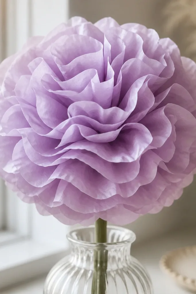 A hydrangea-like tissue flower made from stacked ruffled bands. The petals look like layered waves with a soft rounded shape.