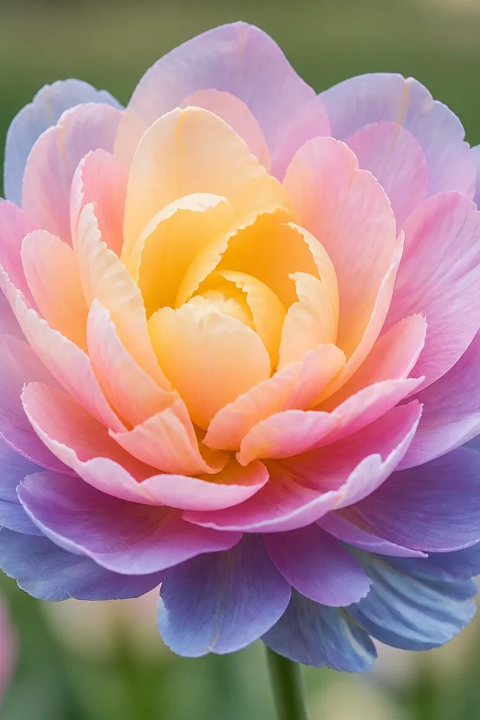 A tulip burst flower with layered petal fans. Each layer is a different pastel shade, creating a gradient from center outward.