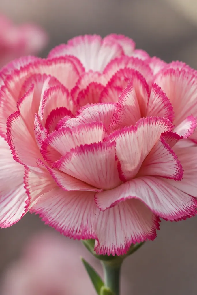 A carnation-like flower with ridged petals. The petals have two-tone edging and look like they have fine vertical texture.
