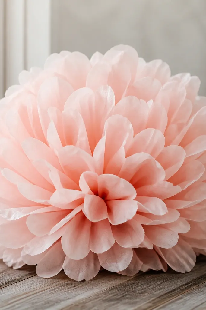 A large tissue flower about 16 inches wide with layered petals and a smooth dome shape. The petals are rounded and evenly fluffed.