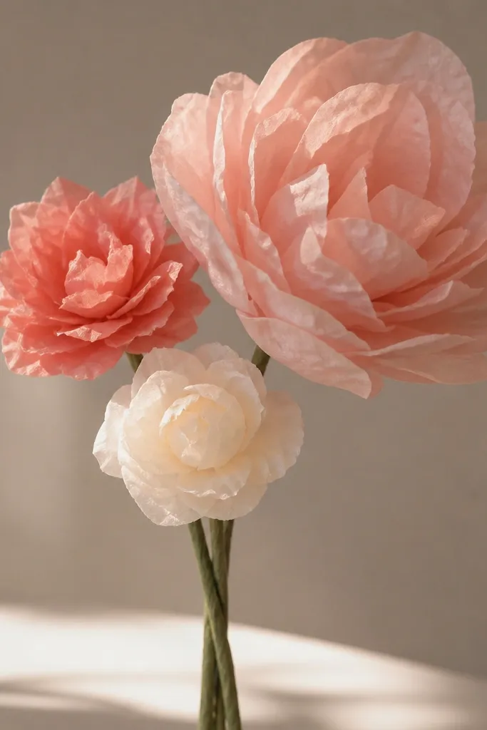 Three small tissue flowers attached to one stem bundle, each flower a different petal size and slightly different shade. The arrangement looks like a bouquet.