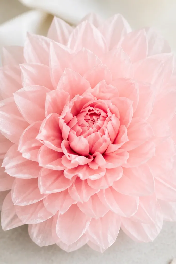 A dahlia-style tissue flower with many layered petals that fan outward in a tight spiral. The center is tight and the outer petals are broader.