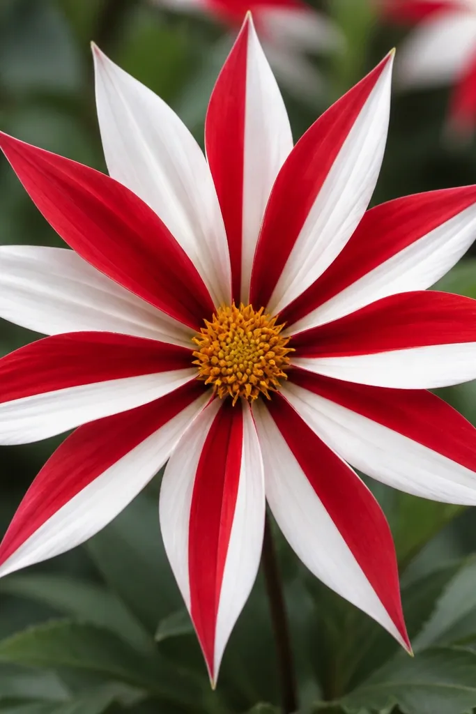 A star burst flower with alternating red and white petal segments. The petals are pointed and evenly spaced around a center.