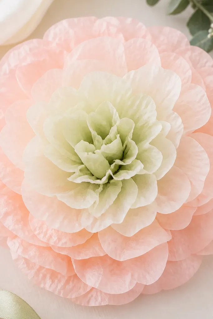 A tissue flower with an ombre effect, fading from pale green near the center to a soft pink or peach at the outer petals. The outer petals are rounded and fluffy.