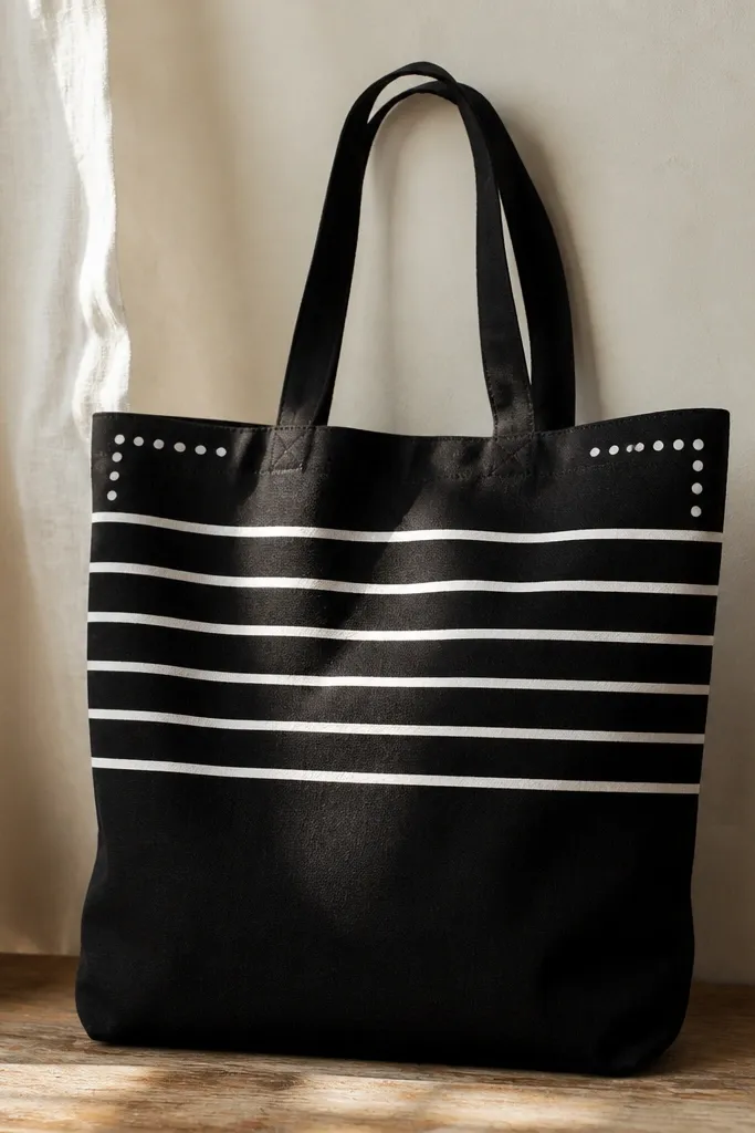 A black tote with white horizontal stripes across the upper half. In each top corner there are small hand-painted dots in off-white, arranged like a tiny frame.