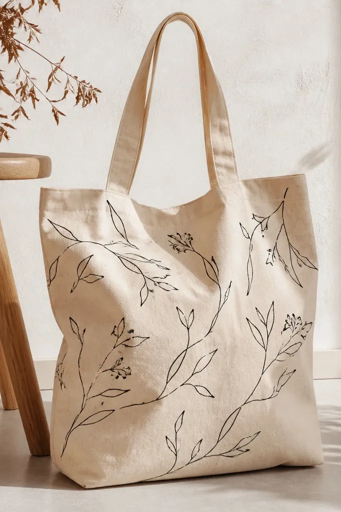 A natural canvas tote with thin black botanical stems and leaves drawn in one continuous style. The lines vary in thickness, with tiny leaf clusters and a light, airy feel.