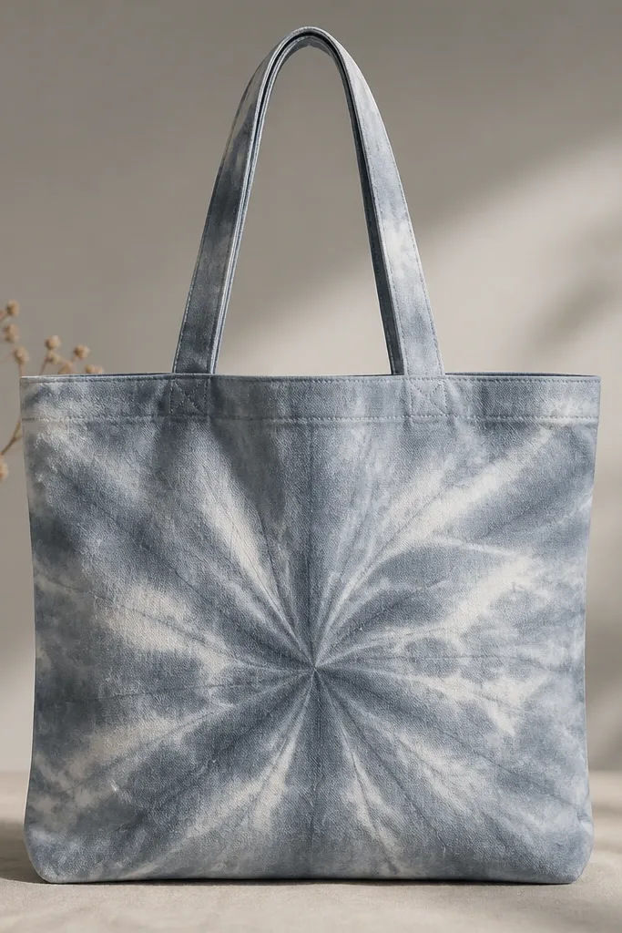 A light gray-blue tote with wavy marbled patterns radiating from a folded center. There are lighter streaks where salt resisted the dye, and the overall look feels soft and cloudy.