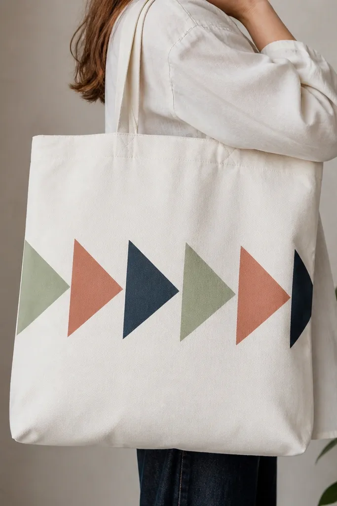 A white tote with a row of angled triangles in muted sage, terracotta, and navy. The triangles align like a pattern, with crisp tape edges and clean color blocks.