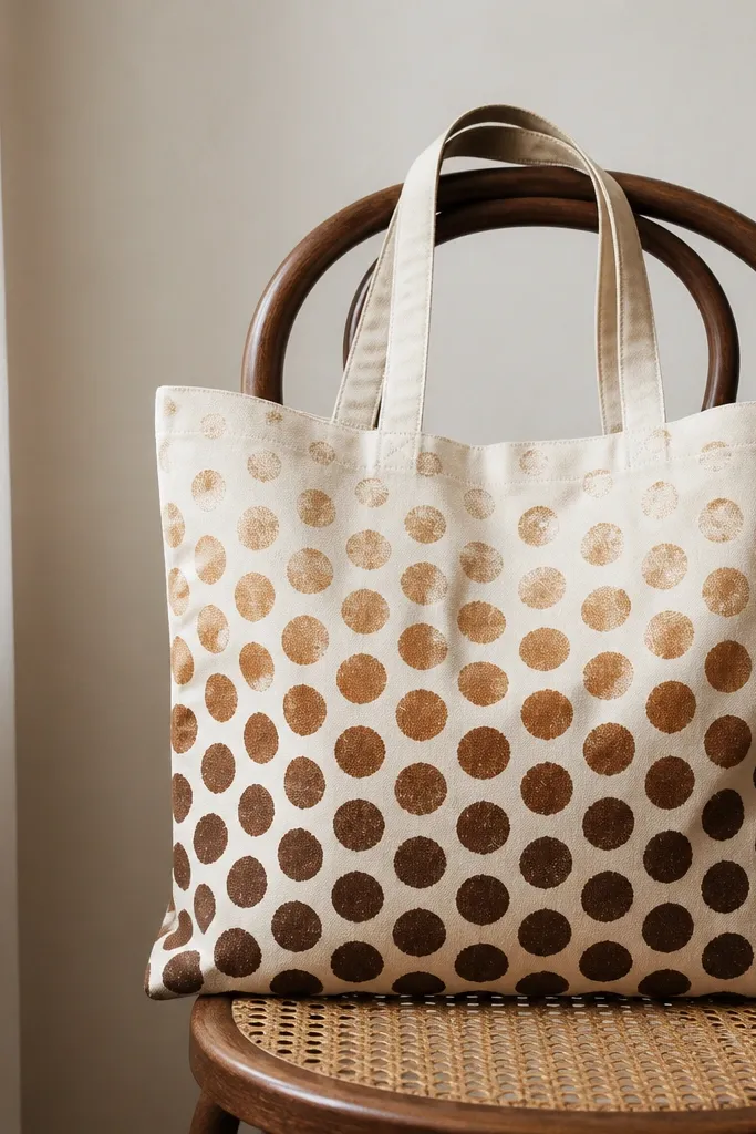 A beige tote covered in polka dots that fade from deep brown at the bottom to light tan at the top. Each dot is round and slightly textured, like a sponge print.