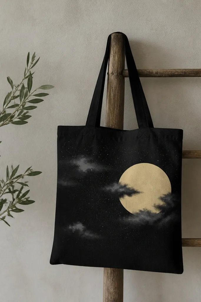 A black tote with a pale yellow masked moon circle on the right. Around it are small white speckles and faint gray clouds made with dry brushing.