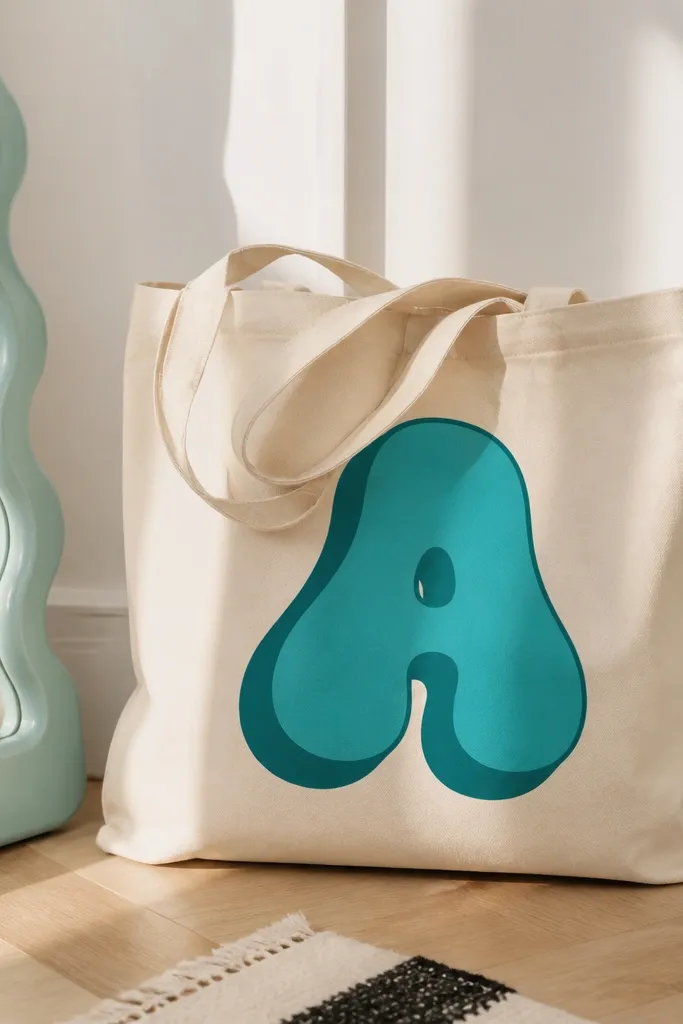 A cream tote with a large bubble-letter initial in teal. Behind it is a slightly offset darker teal shadow outline, making the letters pop.