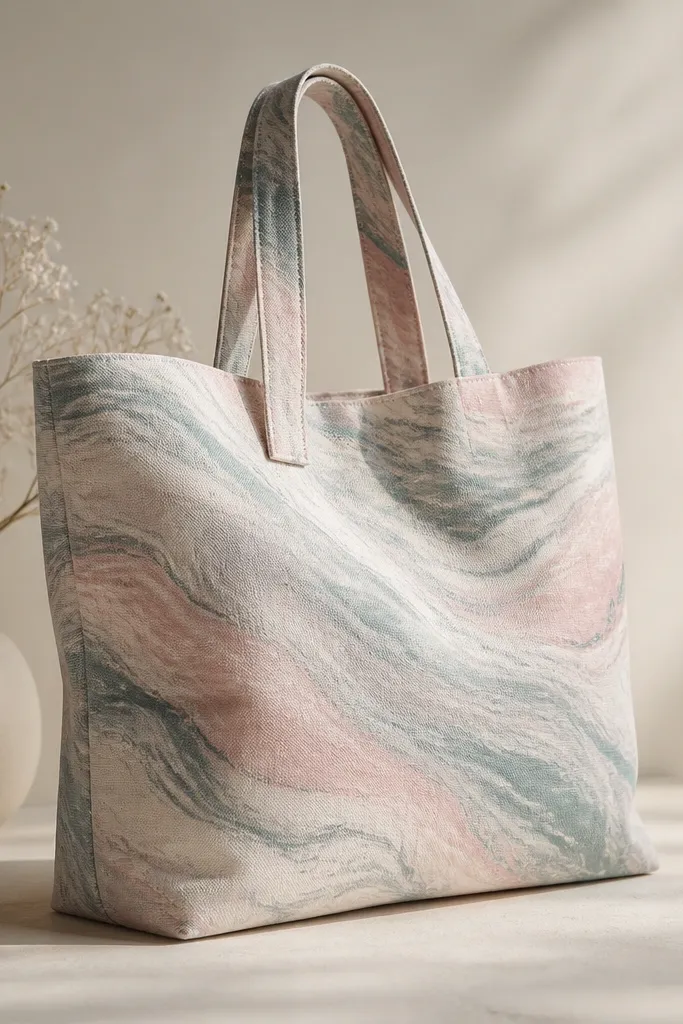 A light tote with marbled streaks in dusty pink, seafoam, and gray. The streaks look like brushed waves, with soft boundaries and a slightly cloudy finish.