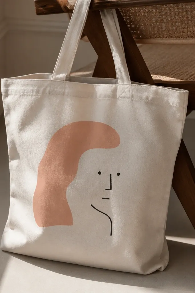 A natural tote with a minimal face sketch in muted peach and black lines. The eyes and nose are simple dots and short strokes, and the hair is a block shape.