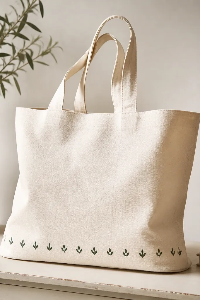 A cream tote with a repeating border along the bottom edge. The border has tiny leaf shapes stamped in dark green, spaced evenly like a trim.