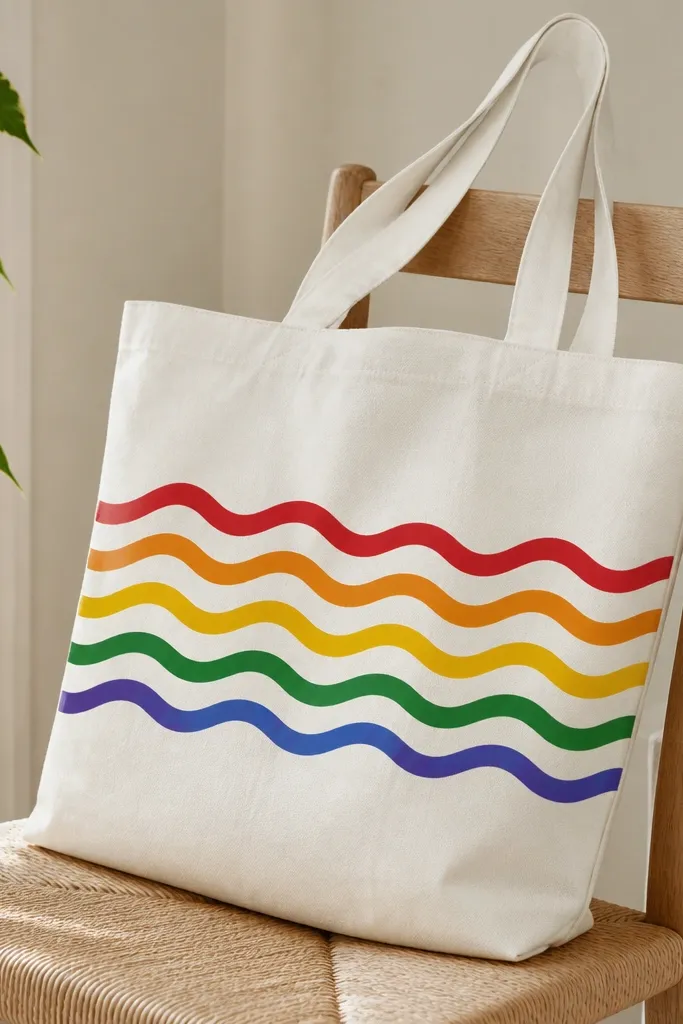 A white tote with wavy rainbow stripes across the center. Each stripe is a different color, drawn like smooth waves, with crisp marker-like edges.