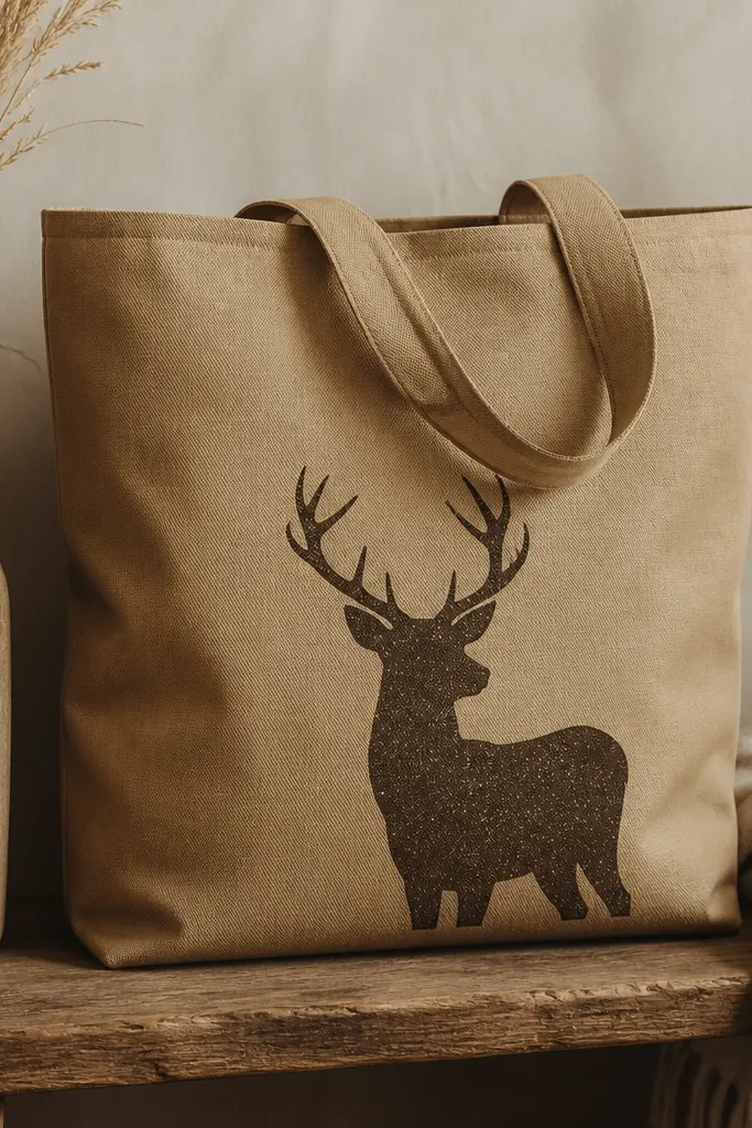 A tan tote with a stag silhouette centered. The silhouette edges are crisp from a stencil, and the interior has a subtle speckled texture in dark brown.