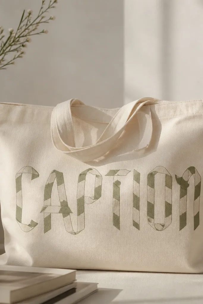 A cream tote with the word 'CAPTION' painted in ribbon-like bands. The letters have alternating cream and muted sage stripes, with clean edges and a folded ribbon look.