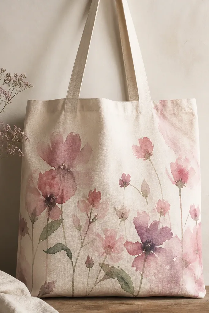 A light tote with soft watercolor-style flowers: loose petals in dusty rose and muted mauve, with thin green stems. The edges feather out like wet watercolor paper.