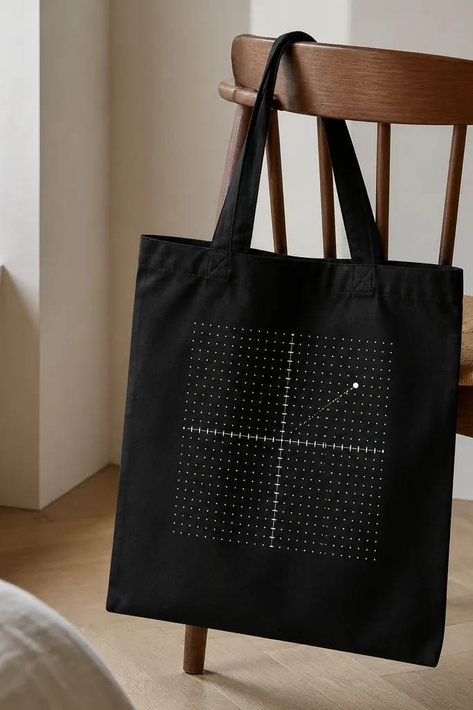 A black tote with a coordinate-style block made of tiny white dots. The dot grid forms numbers and a small arrow pointing to a marker dot.