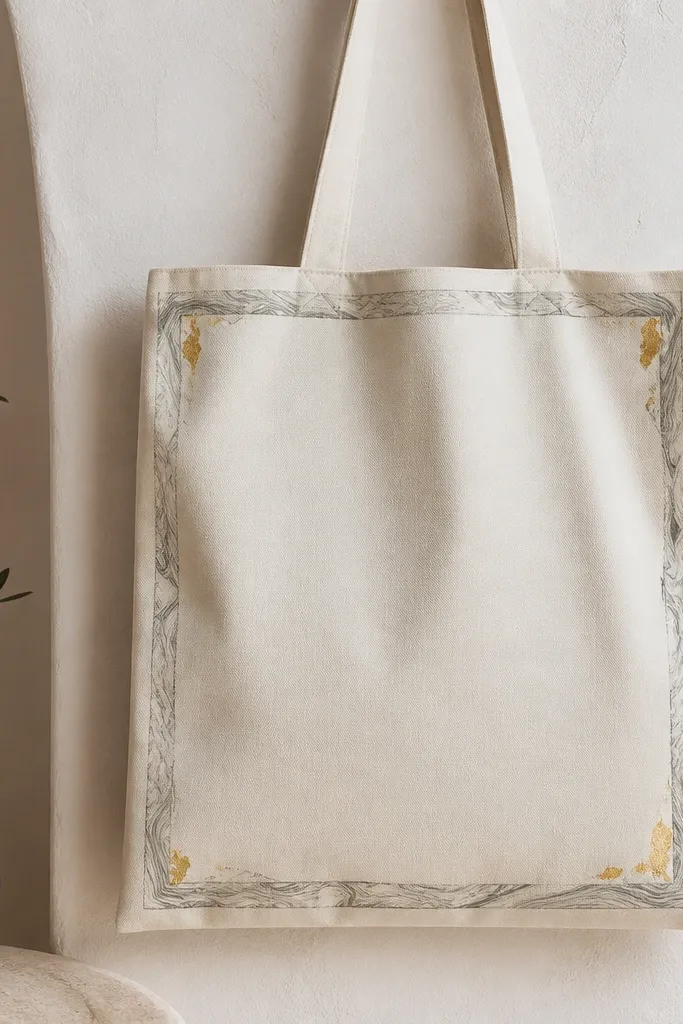 A cream tote with a thin monochrome marble frame around the edges. Inside the frame, the center is blank. Small gold leaf flecks sit near the corners.