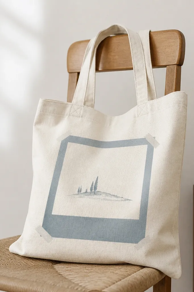 A tote with a large rectangular polaroid frame in muted blue. The corners have small tape strips painted in off-white and gray, and a simple doodle sits in the middle like a tiny landscape.