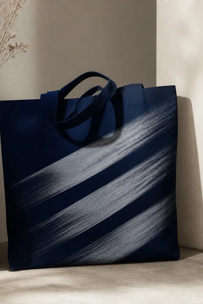 A navy tote with three diagonal gradient stripes. Each stripe starts deep navy and fades into lighter gray where a rag dragged the paint, creating soft streaks.