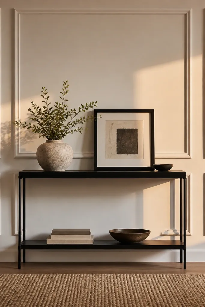 Cream wall with evenly spaced rectangular moulding frames and soft shadow gaps