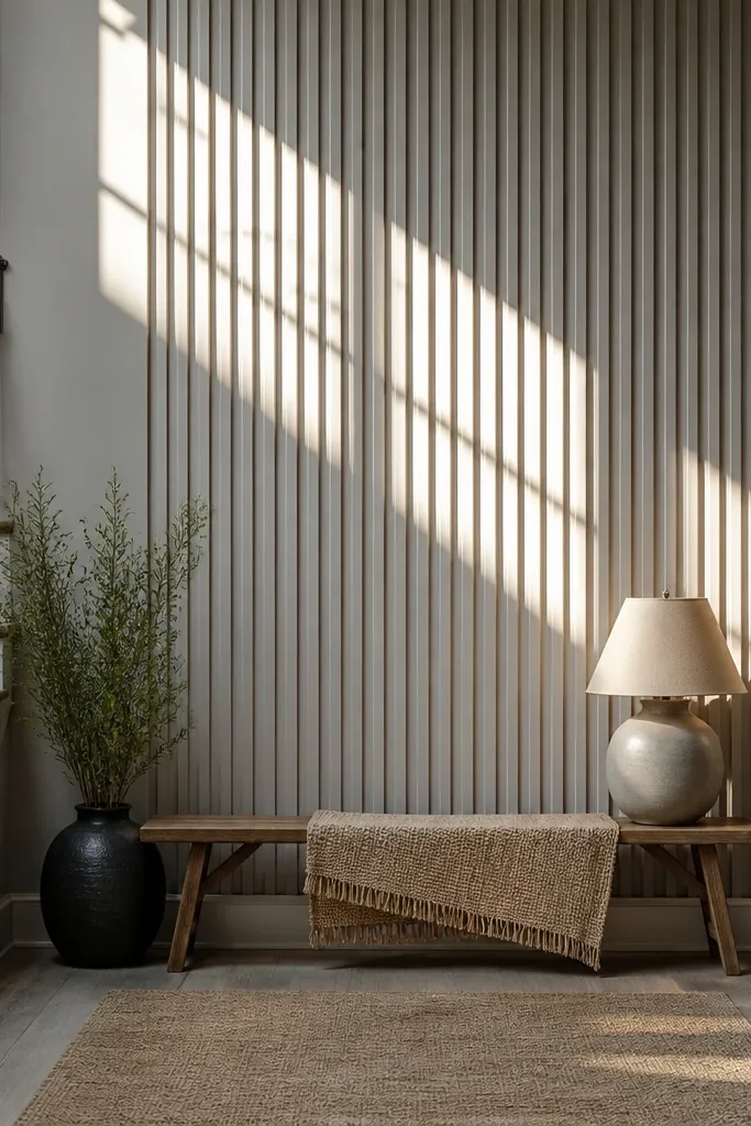White wall with narrow vertical moulding columns in evenly spaced lines