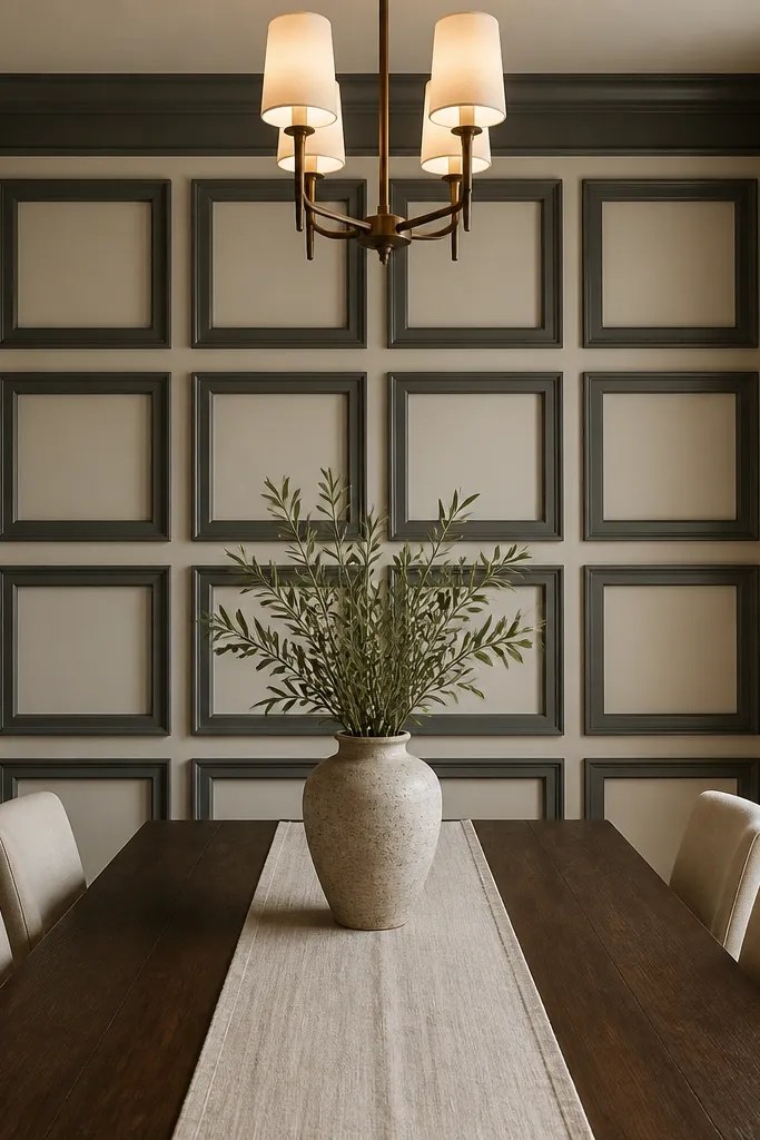 Light grey wall with a neat grid of square moulding boxes creating deep shadows
