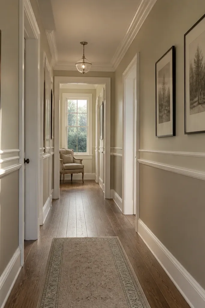 Warm white wall with a chair rail and two thinner picture rails above it