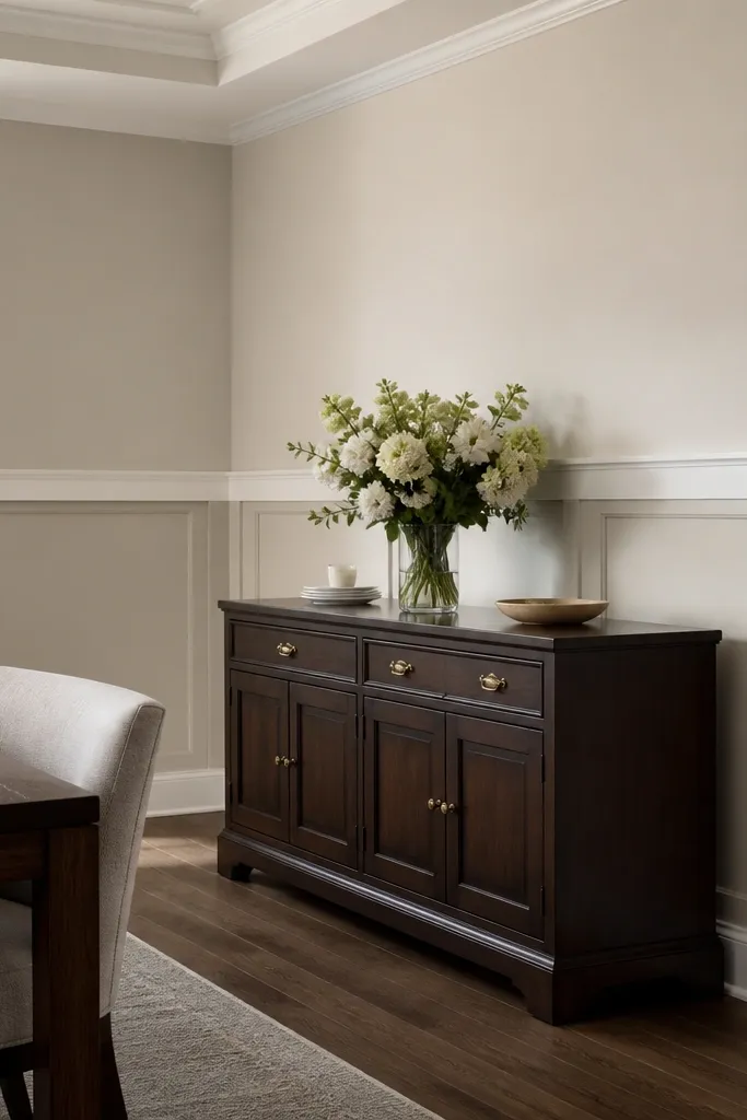 White wall with rectangular wainscoting panels and a decorative top cap line