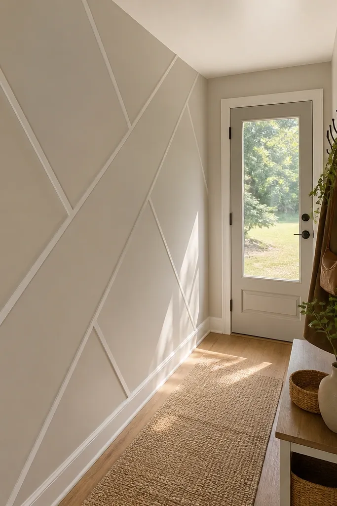 White wall with diagonal moulding lines forming a clean geometric pattern