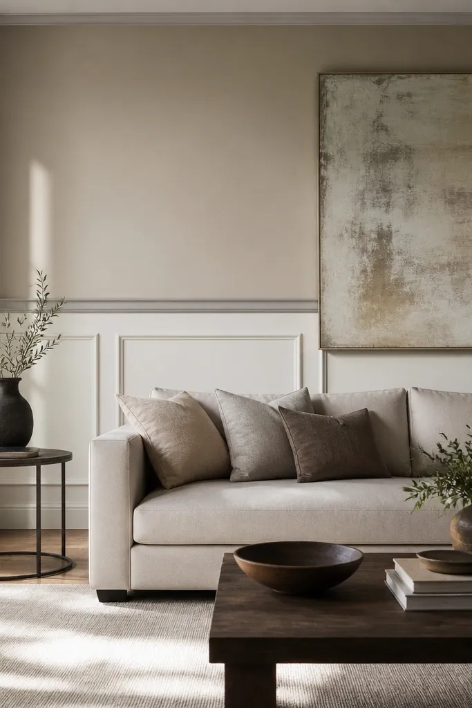 White moulding frames on a soft sage painted wall with sharp color separation
